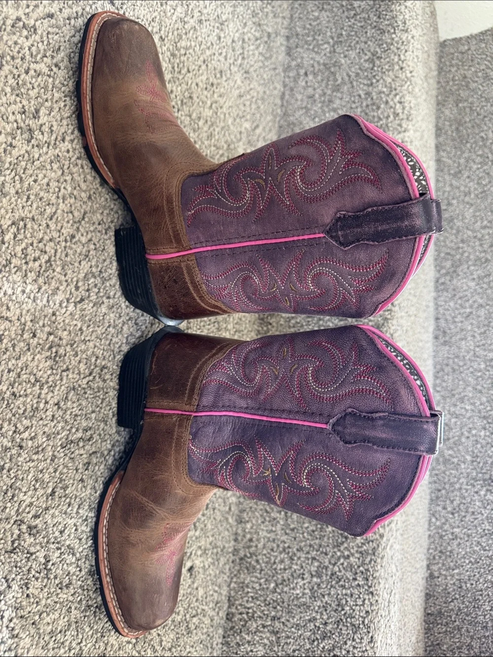 Dan Post Girls Brown Leather & Purple Shaft Cowboy Boots with Pink Trim - Picture 4 of 6